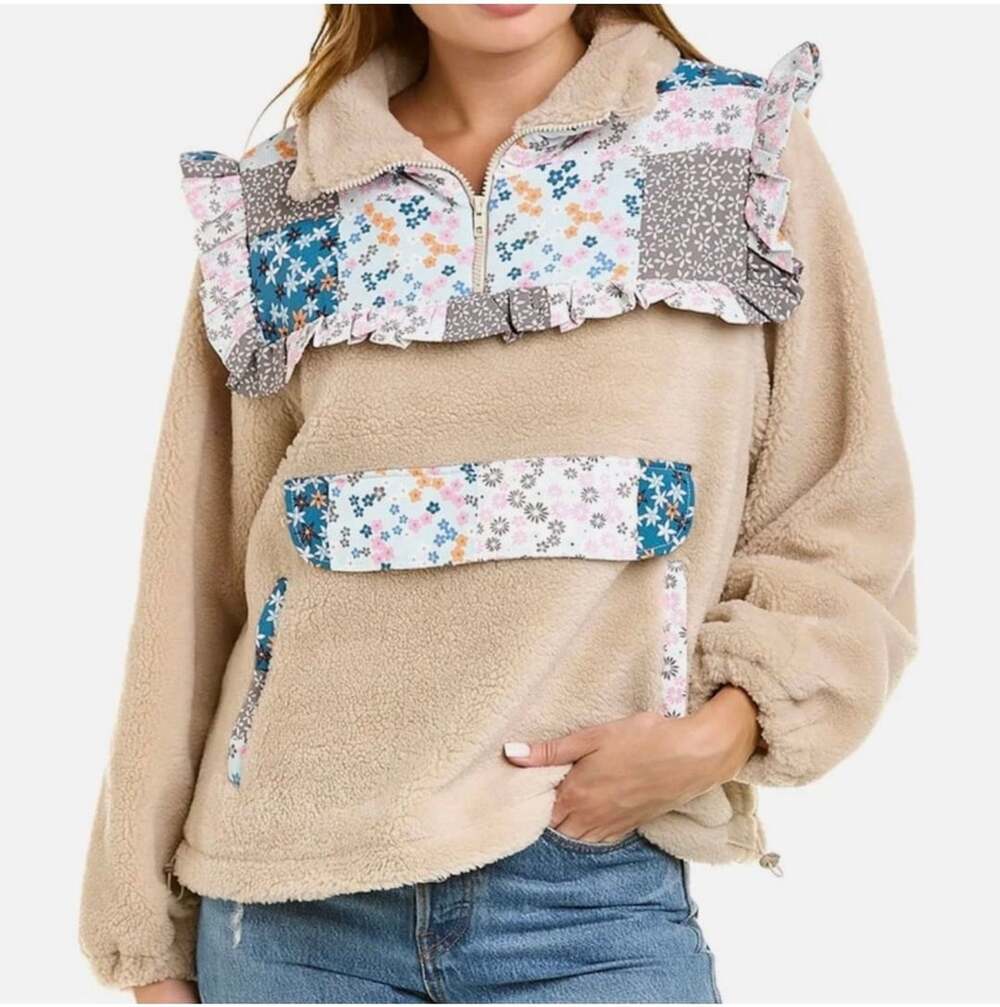 Lea & Viola Floral Patchwork Ruffle Trim Quarter-Zip Teddy Pullover